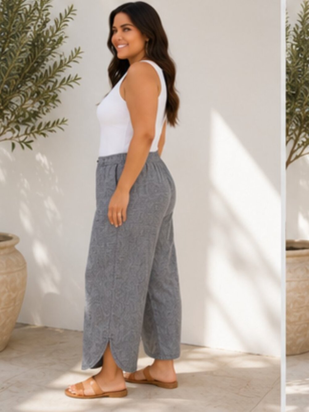 For Cynthia Woman Linen Blend Cropped Tulip Pants Gray | Plus XL Relaxed Pull-On